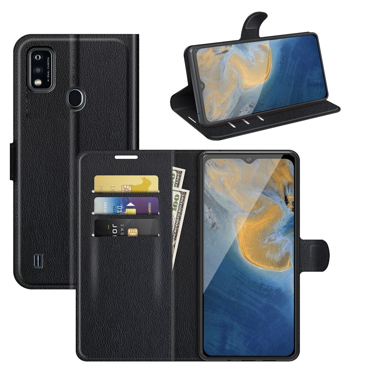 Schwarze Leder-Handyhülle, mehrere Ansichten, mit Karten, Geld und einem Telefon.