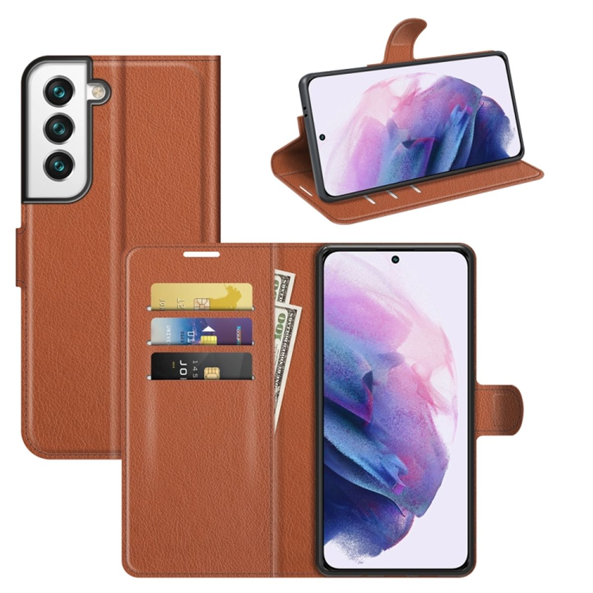 Braune Handyhülle mit Kartenfächern. Zeigt das Telefon mit eingeschaltetem Bildschirm. Mehrere Ansichten.