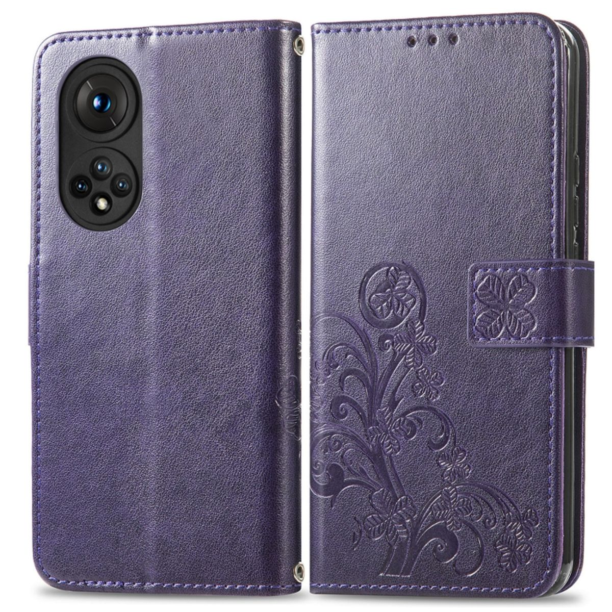 Eine lila Handyhülle mit Kameraausschnitt und floralem Design.