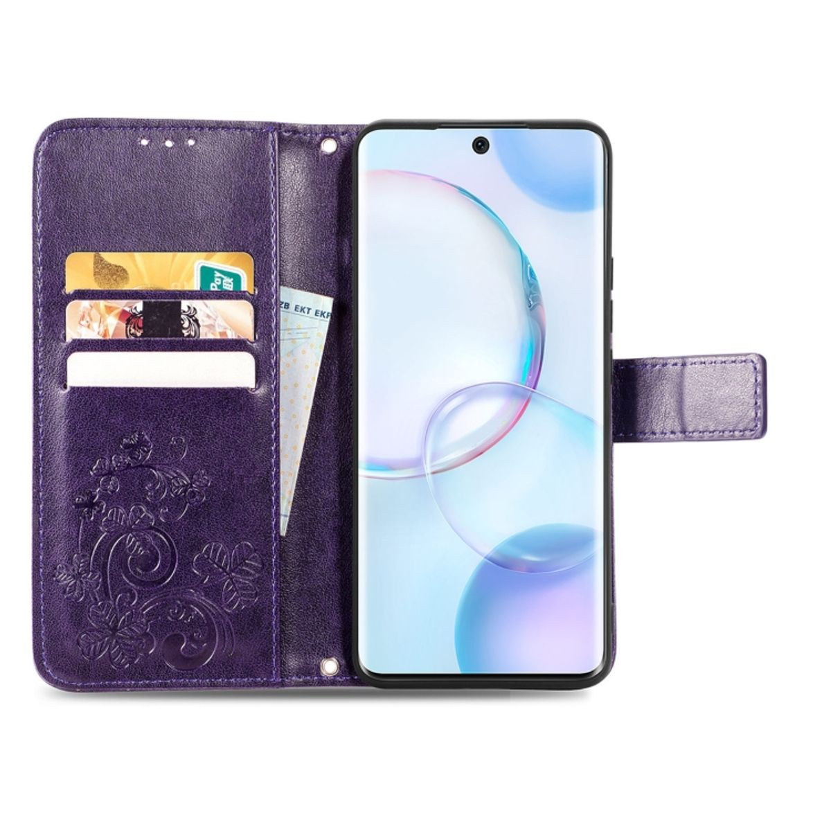 Lila Handyhülle mit Telefon. Mit Kartenfächern und floralem Design.
