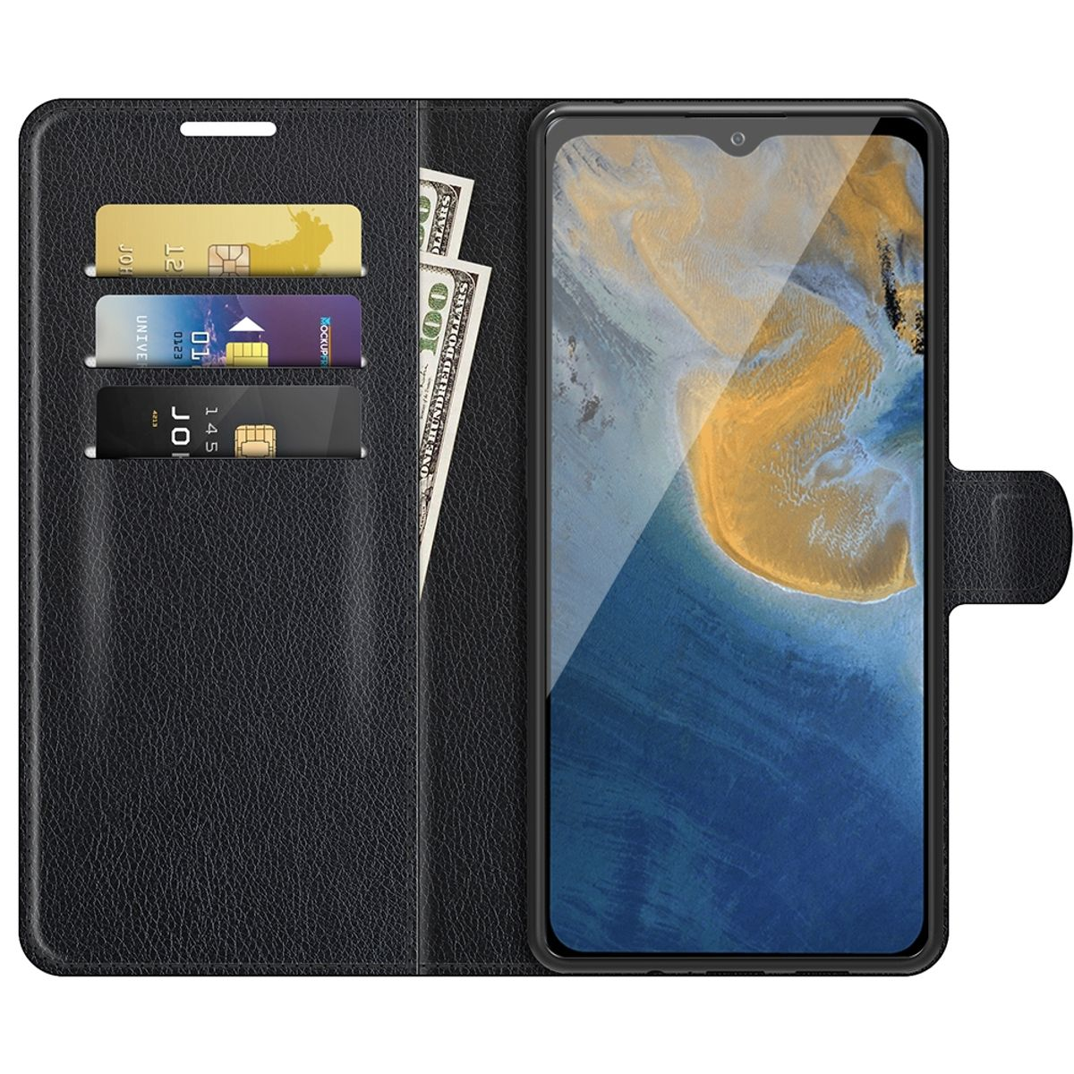 Schwarze Leder-Handyhülle mit Karten, Bargeld und einem Telefon, das ein farbenfrohes Bild zeigt.