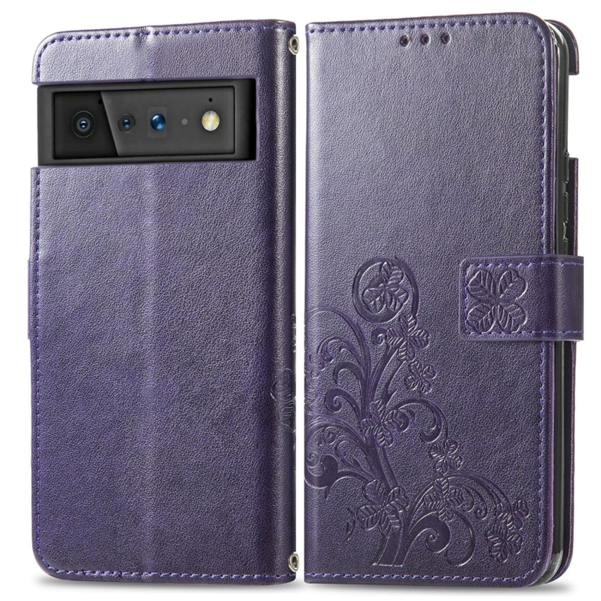 Lila Handyhülle offen, mit einem Telefon. Die Hülle hat ein Blumendesign. Das Telefon hat eine Kamera.