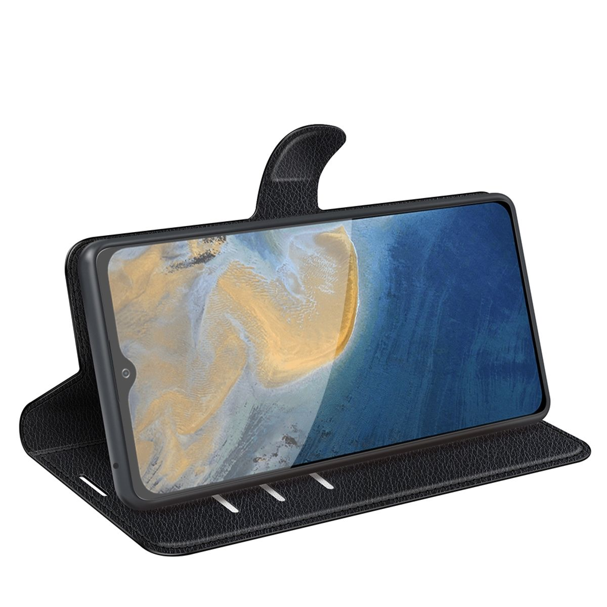 Schwarze Handyhülle mit Telefon, das eine farbenfrohe Landschaft zeigt.