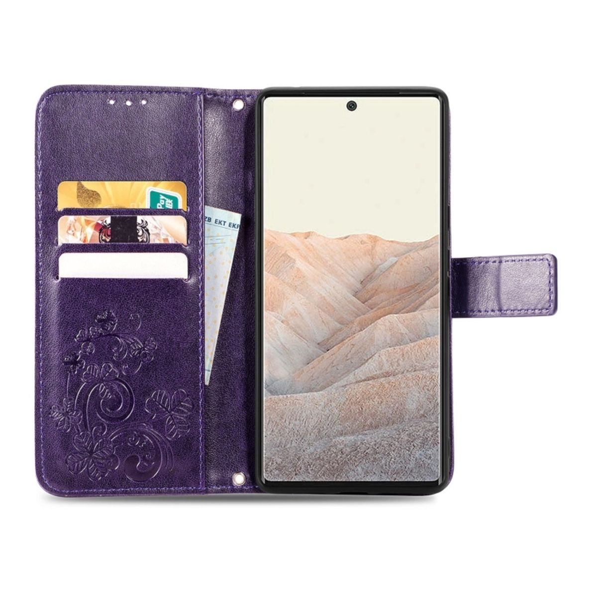 Lila Handyhülle offen mit Telefon, Karten in Schlitzen.