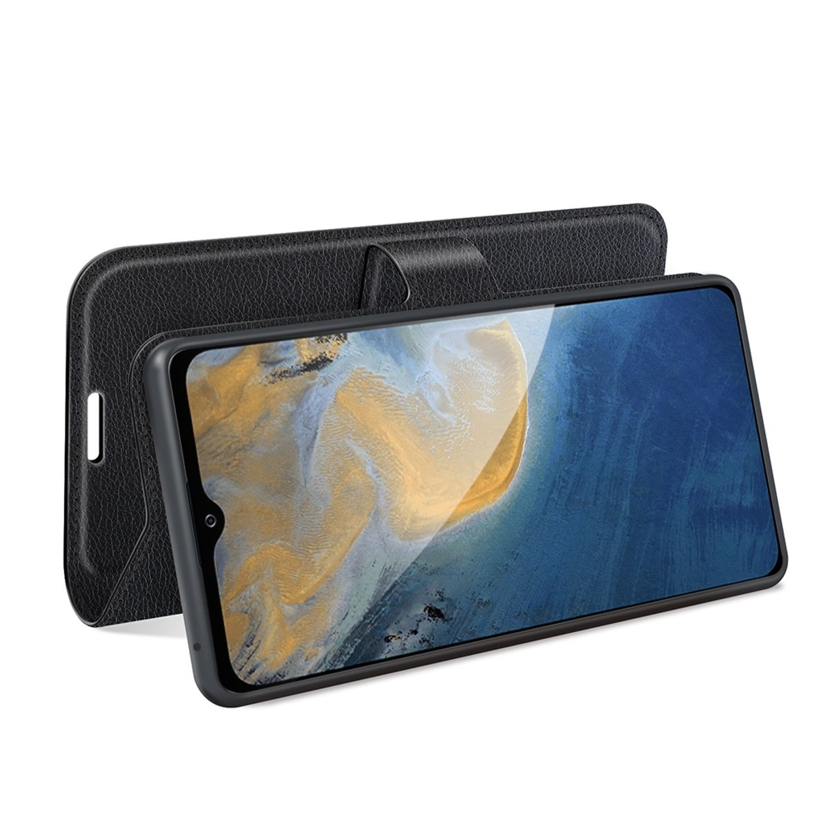 Schwarze Handyhülle mit Handy, schwarzer Hintergrund.