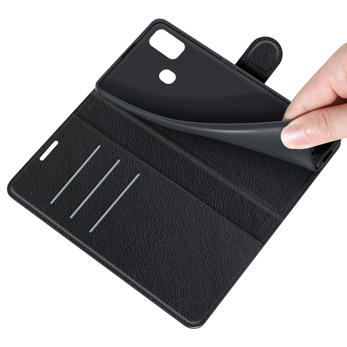 Hand öffnet eine schwarze Handyhülle und zeigt Kartenfächer und das Innere des Telefons.