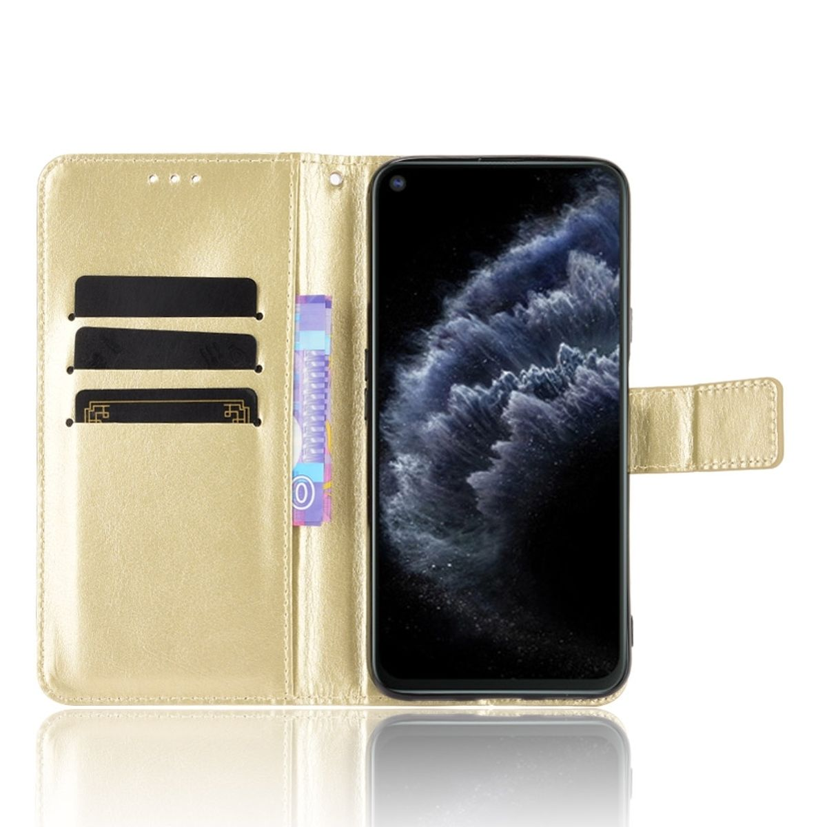 Eine goldene Handyhülle geöffnet, mit Kartenfächern und einem Telefon mit schwarzem Bildschirm.