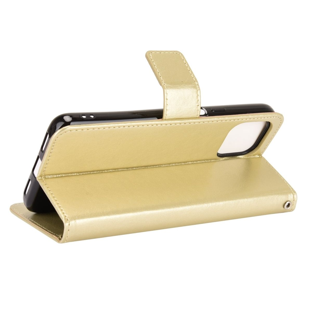 Goldene Handyhülle geöffnet, zeigt das Telefon im Inneren. Es ist auf weißem Hintergrund.