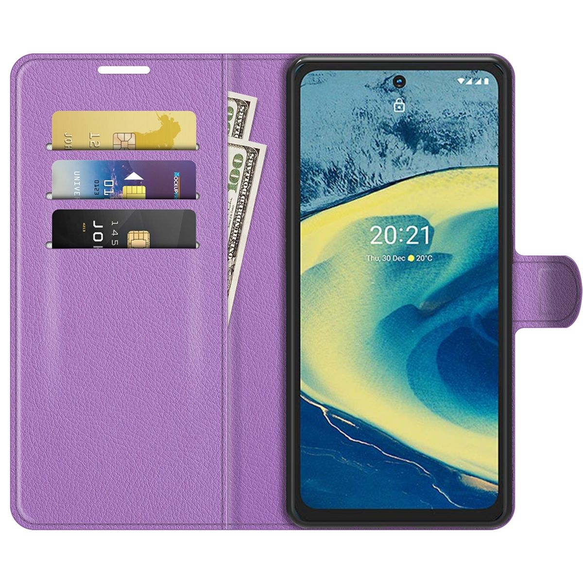 Lila Handyhülle, offen mit Telefon, Karten und Geld. Telefon zeigt Zeit und Datum.