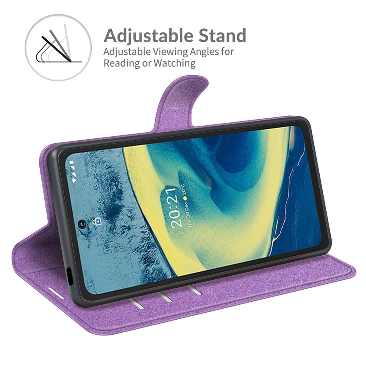 Lila Handyhülle, offen, Telefon darin. Einstellbare Standfunktion. Text oben links.