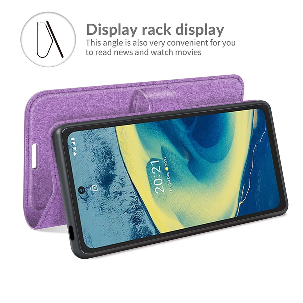 Lila Handyhülle mit Telefon innen. Aufstellbarer Displayständer.