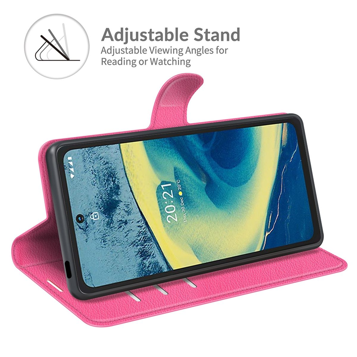 Rosa Handyhülle, die ein Telefon in einer verstellbaren Ständerposition hält.