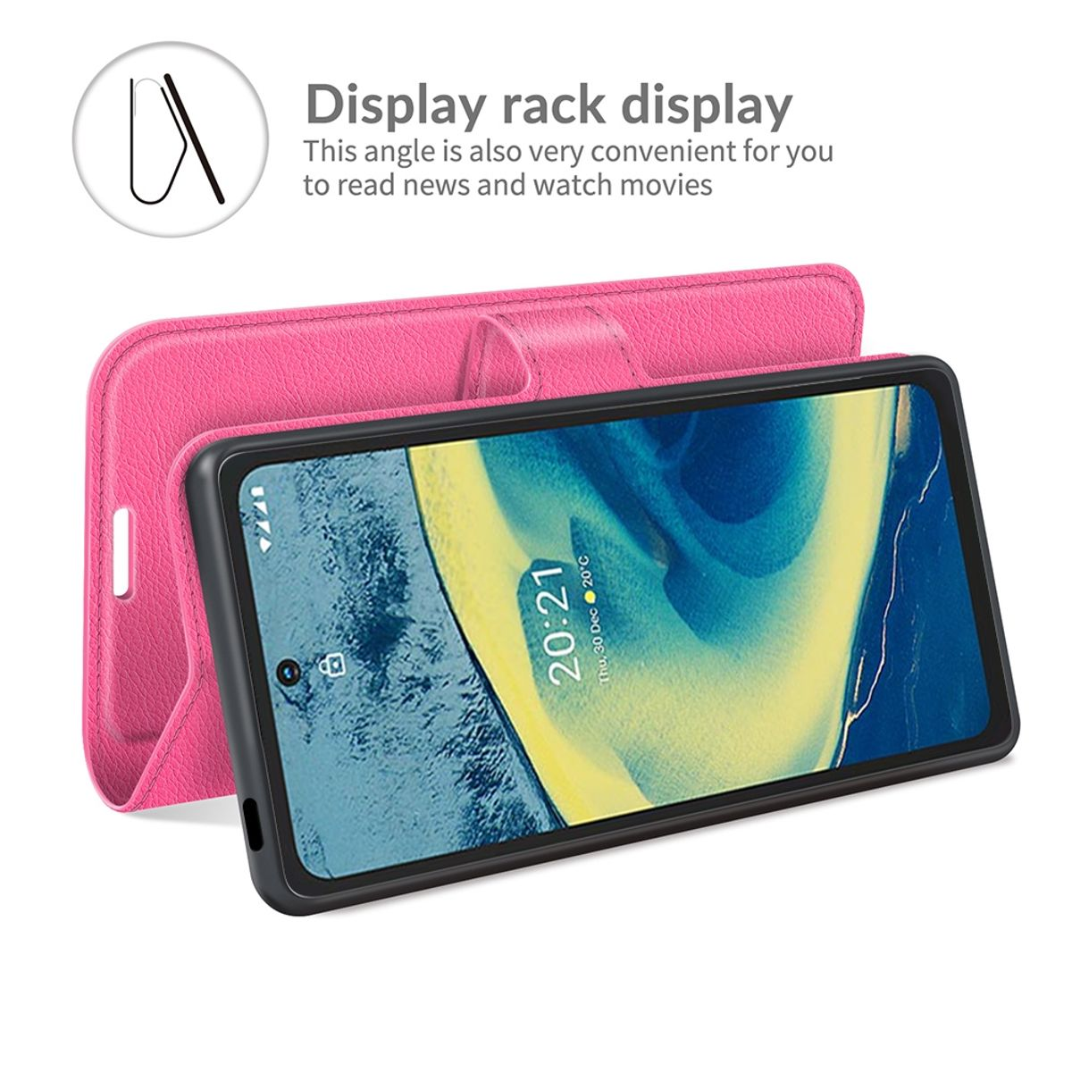 Rosa Handyhülle, Telefon mit angezeigter Uhrzeit, geöffnet, mit weißem Hintergrund. Text sagt "Display-Rack-Display".
