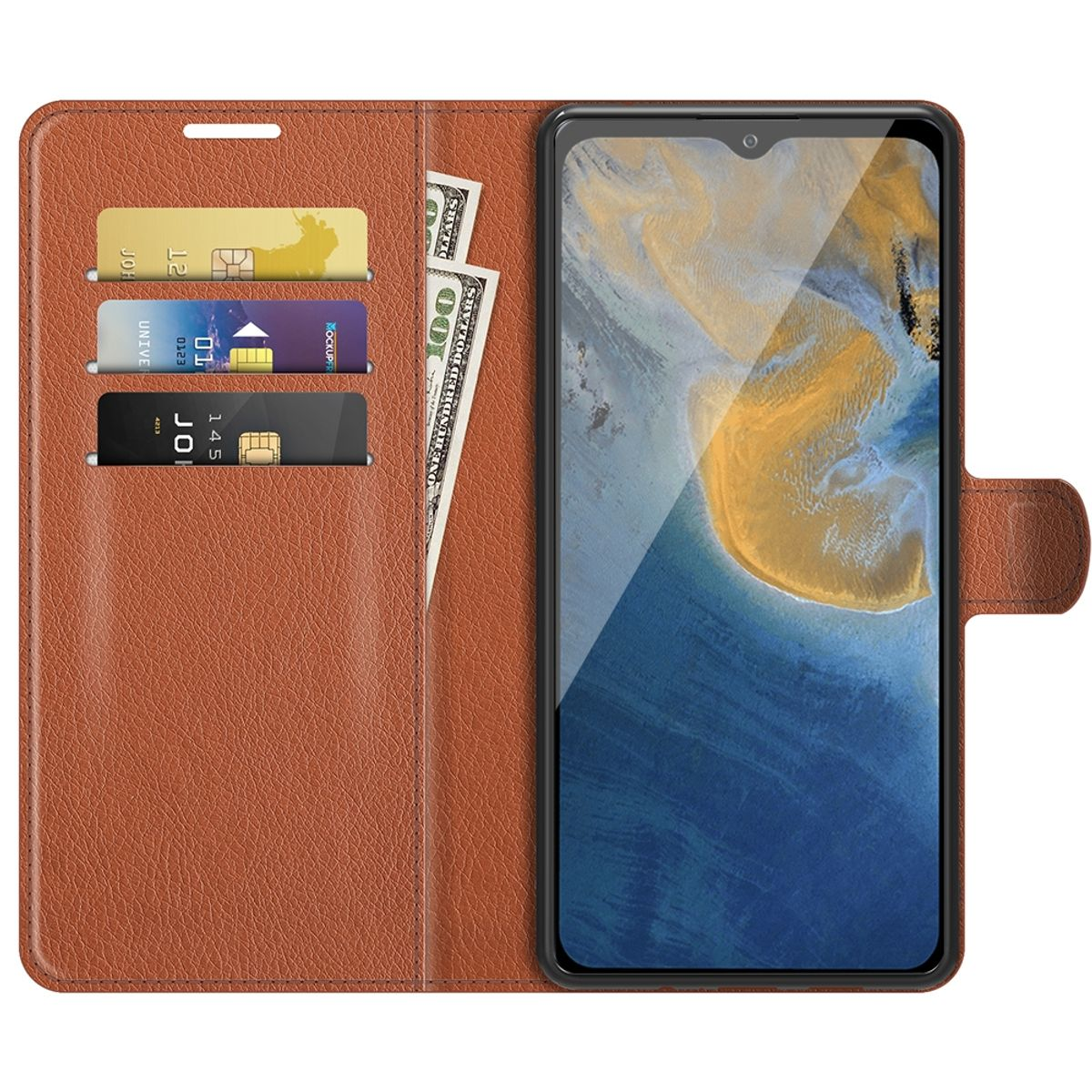 Geöffnete braune Handyhülle mit Kreditkarten, Dollarnoten und einem Telefon mit blauem Bildschirm.