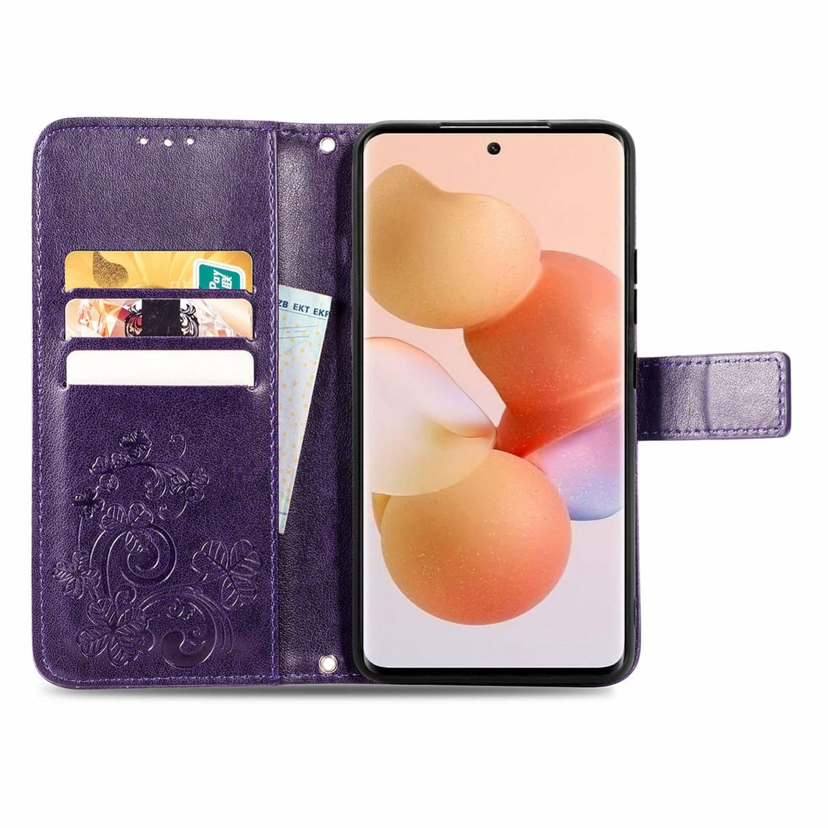Geöffnete lila Handyhülle mit Karten und Telefon. Blumendesign auf der linken Seite.