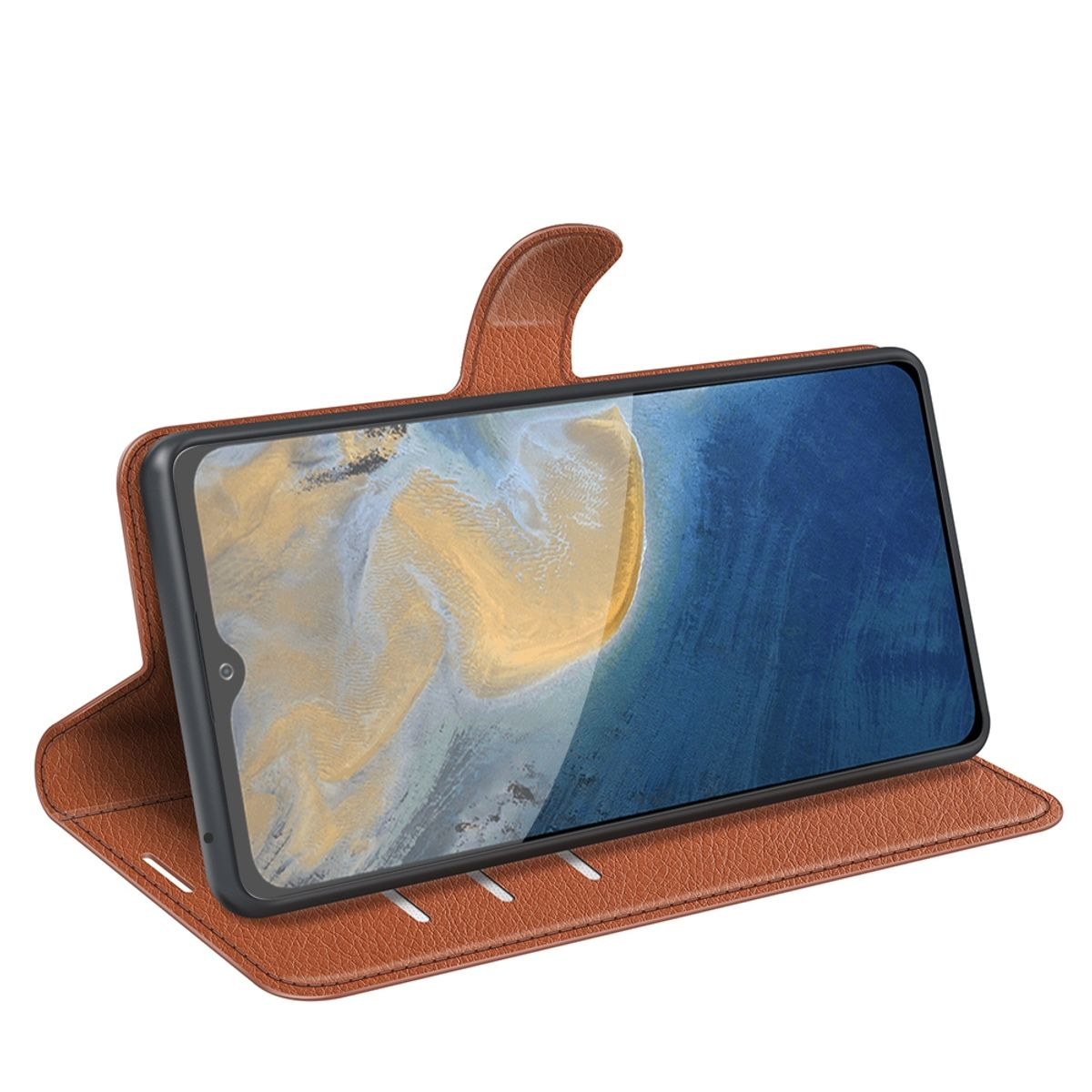 Geöffnete braune Handyhülle mit Telefon. Das Telefon-Display ist an und zeigt Inhalte.
