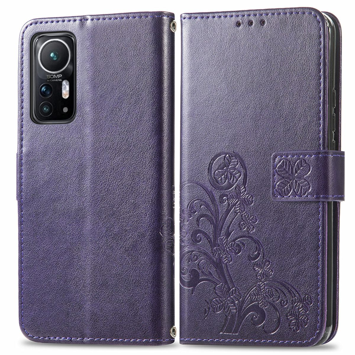 Lila Handyhülle offen mit Telefon. Es gibt florale Details und einen Verschluss.