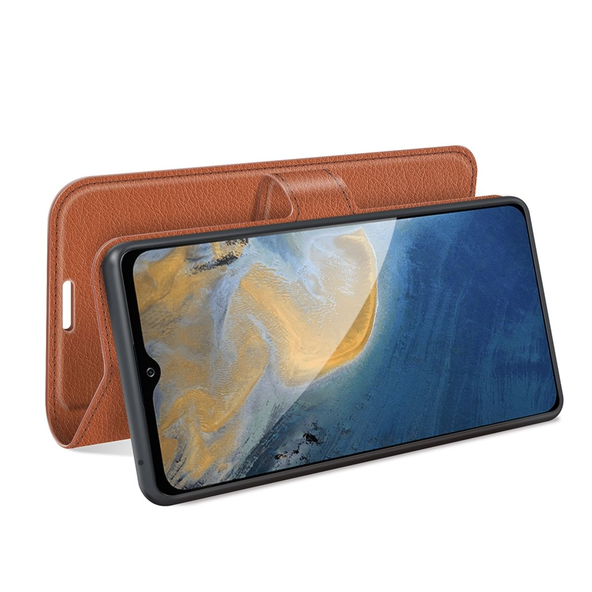 Geöffnete braune Handyhülle, mit Telefon und Klappe. Das Telefon ist schwarz.