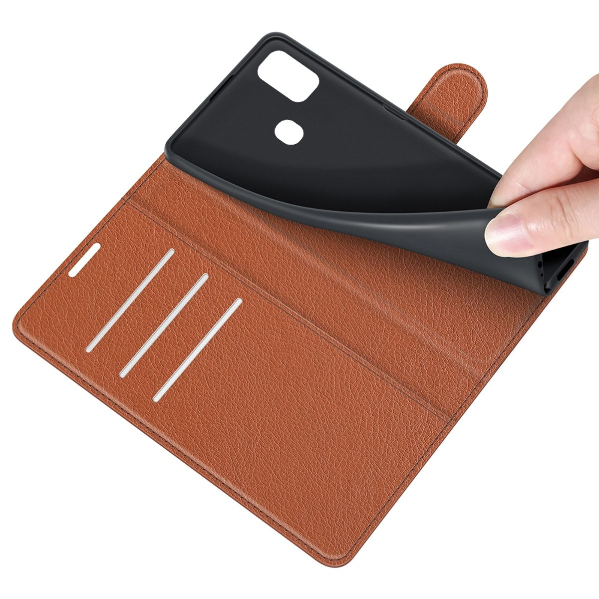 Eine braune Handyhülle ist geöffnet, und ein Telefon wird hineingelegt.