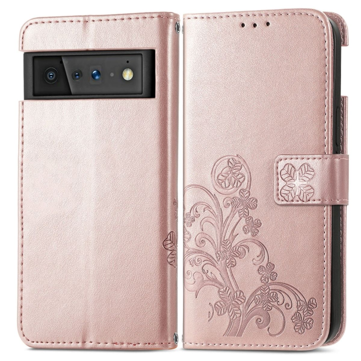 Rosa Handyhülle, offen, zeigt das Telefon mit Kameras. Die Hülle hat ein Blumendesign.