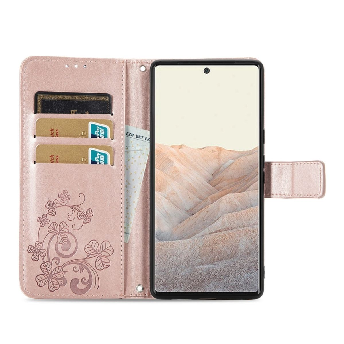Rosa Handyhülle mit Karten und Geld. Das Telefon zeigt einen abstrakten Hintergrund.
