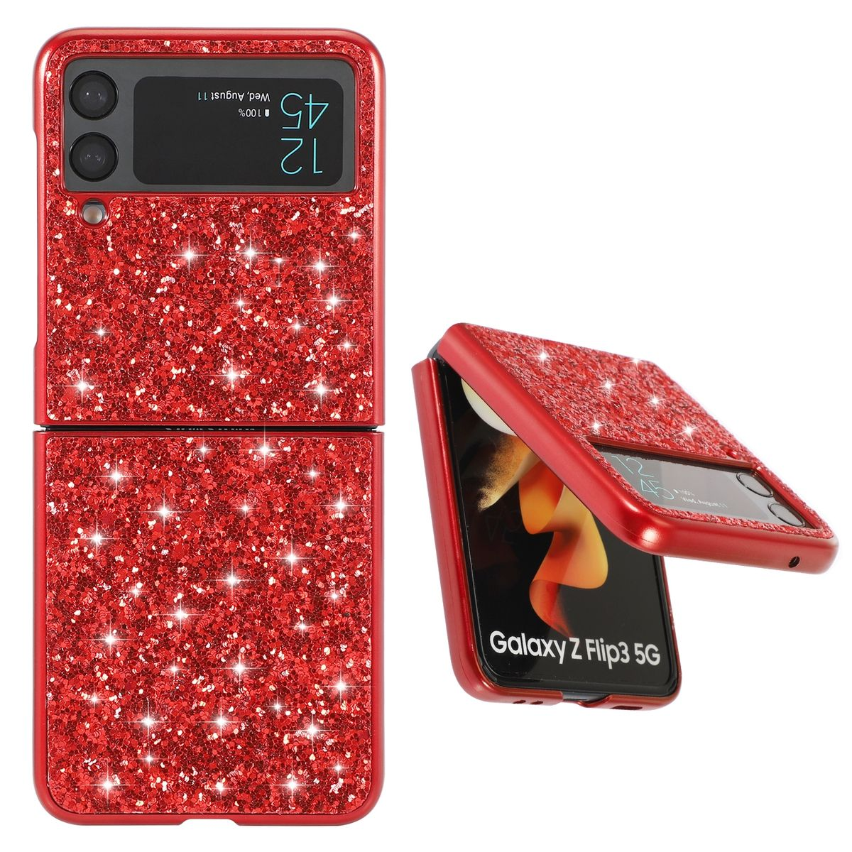 Rote glitzernde Handyhülle, gefaltet und geöffnet. Ein Telefon ist darin, mit Zeitanzeige.