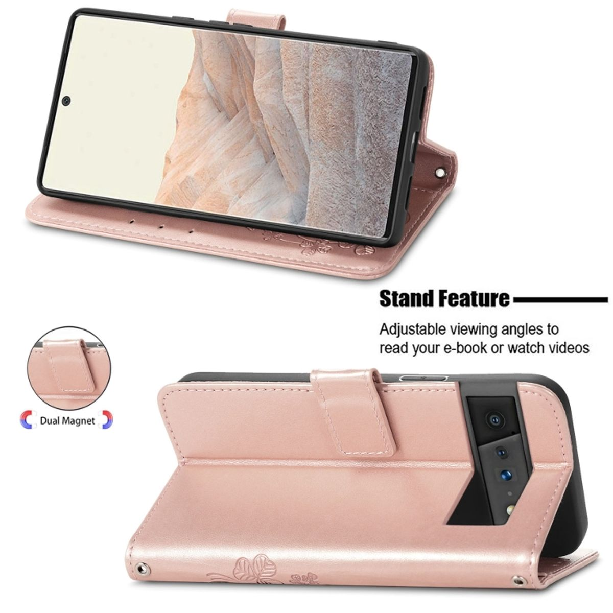 Rosa Handyhülle mit Telefon darin, geöffnet, um den Bildschirm und die Standfunktion zu zeigen.