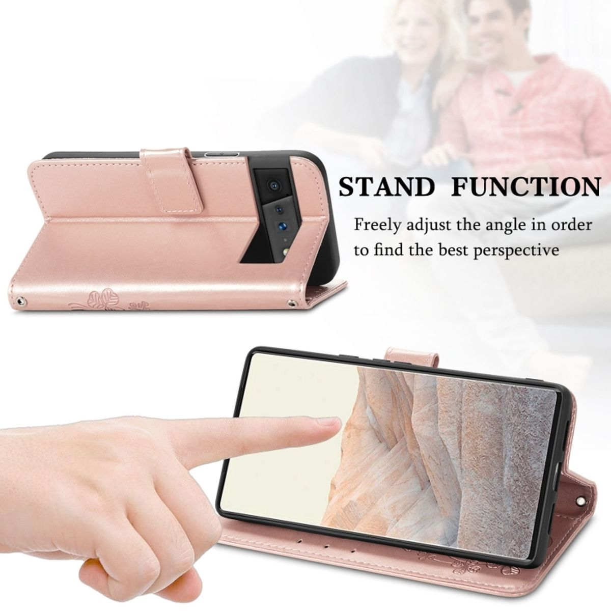 Telefon in einer pinken Handyhülle mit Ständerfunktion, Person im Hintergrund.
