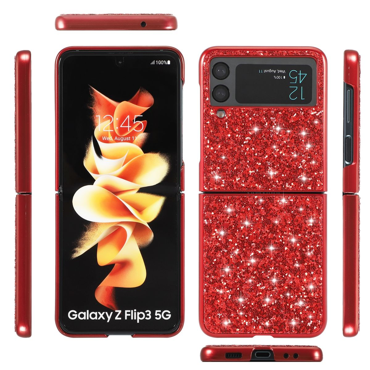 Rote, glitzernde Handyhülle, offene und geschlossene Ansichten. Das Telefon ist faltbar.