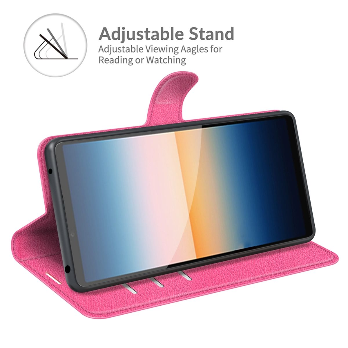 Rosa Handyhülle mit Telefon. Verstellbare Standfunktion ist oben links gezeigt.