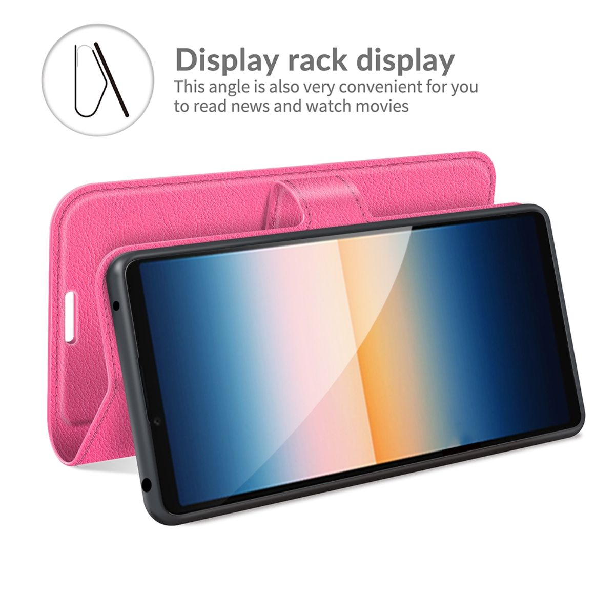Eine pinkfarbene Handyhülle mit einem Telefon ist geöffnet und zeigt den Bildschirm, vor weißem Hintergrund.