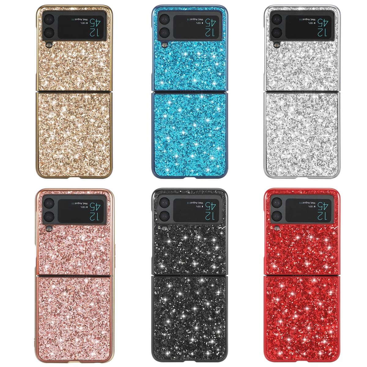 Sechs faltbare Telefone, verschiedene Glitzerfarben: Gold, Blau, Silber, Rosé, Schwarz und Rot.
