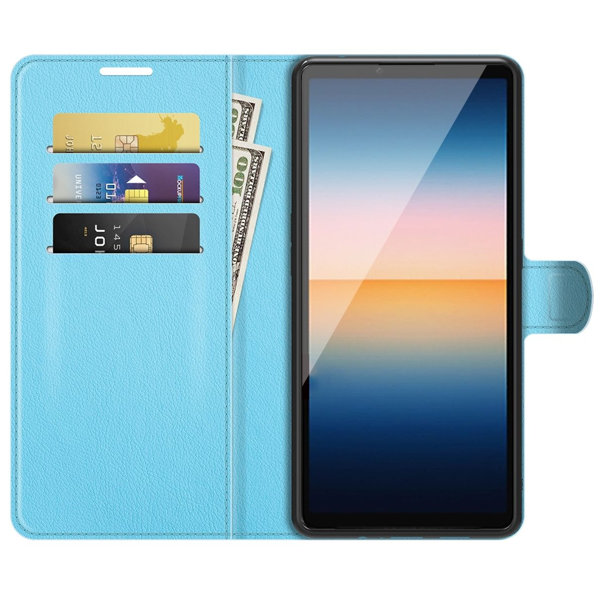 Blaue Handyhülle offen, zeigt Telefon und Kreditkarten. Weißer Hintergrund.
