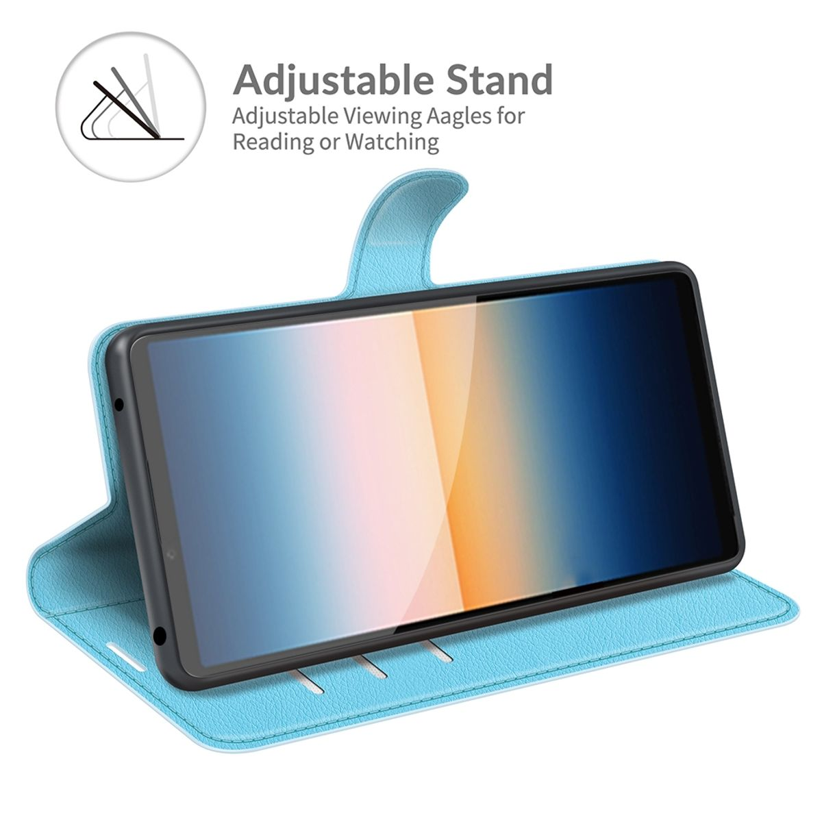 Blaue Handyhülle mit schwarzem Telefon darin. Text sagt verstellbarer Ständer.