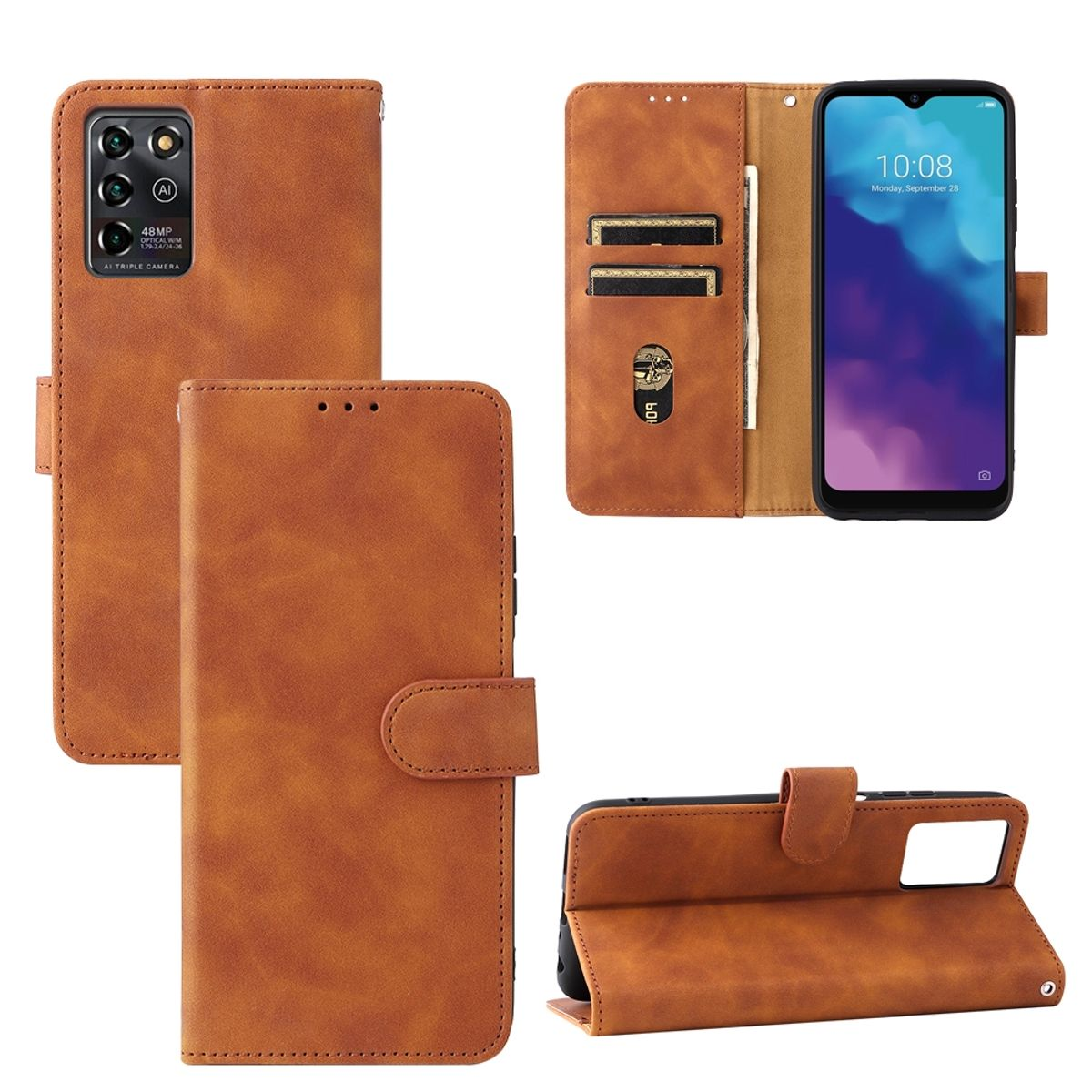 Braune Leder-Handyhülle, Vorder- und Rückseite mit Kartenfächern. Telefon sichtbar.