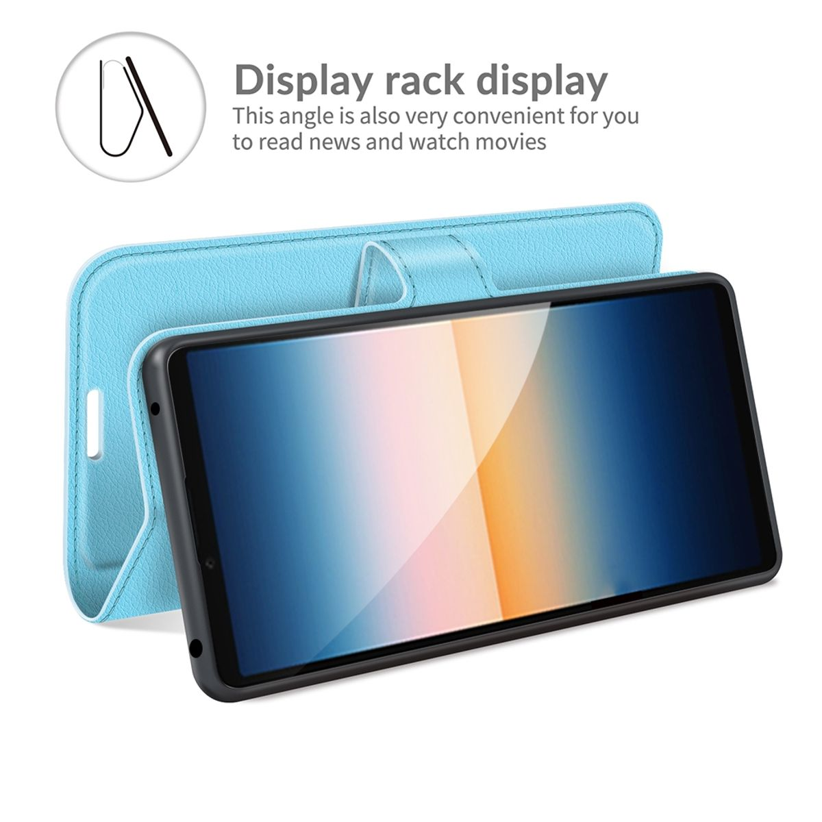 Blaue Handyhülle, Telefon mit angezeigter Uhrzeit, geöffnet, mit weißem Hintergrund. Text sagt "Display-Rack-Display".