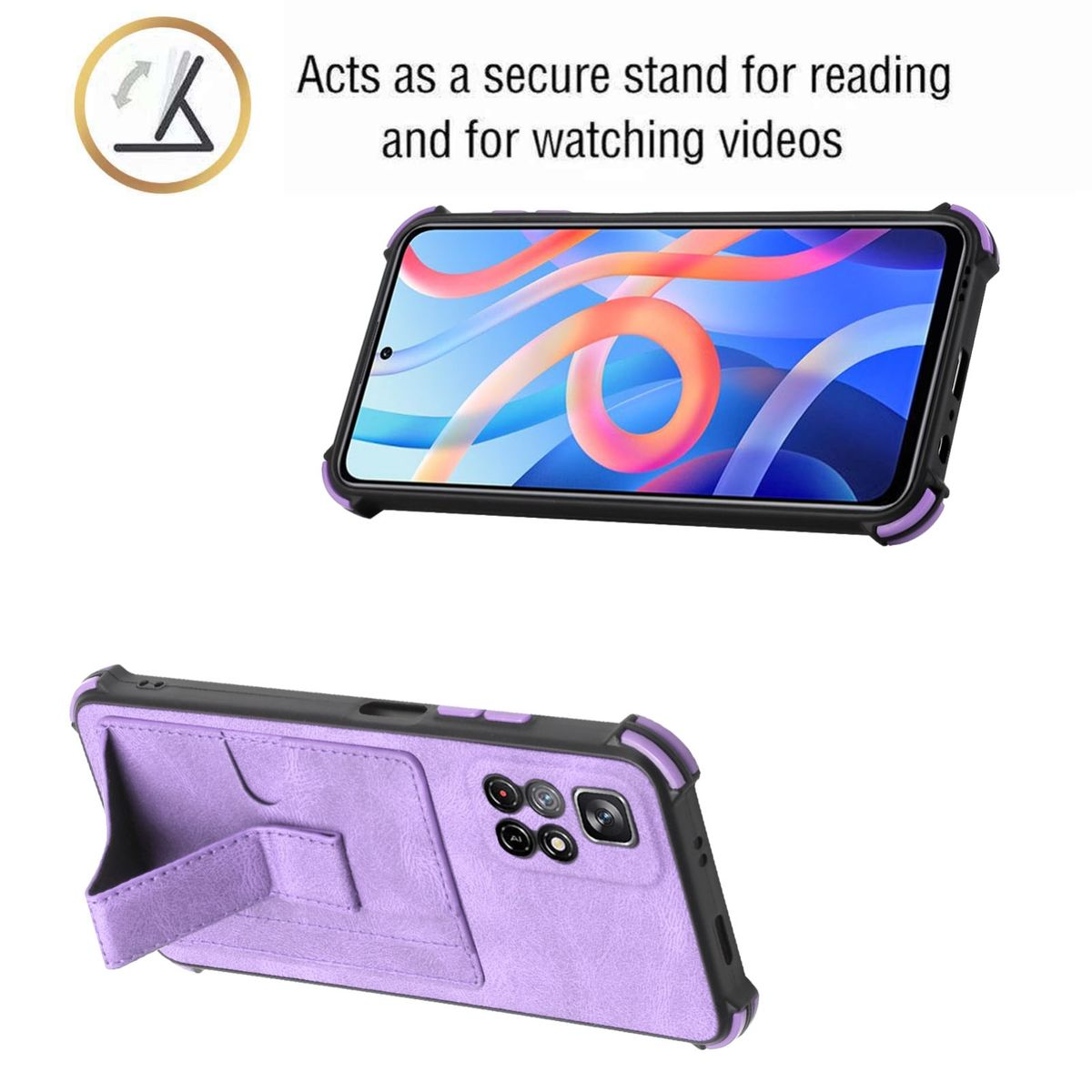 Eine lila Handyhülle mit einem Telefon und einem Ständer. Der Telefonbildschirm zeigt ein blaues Bild.