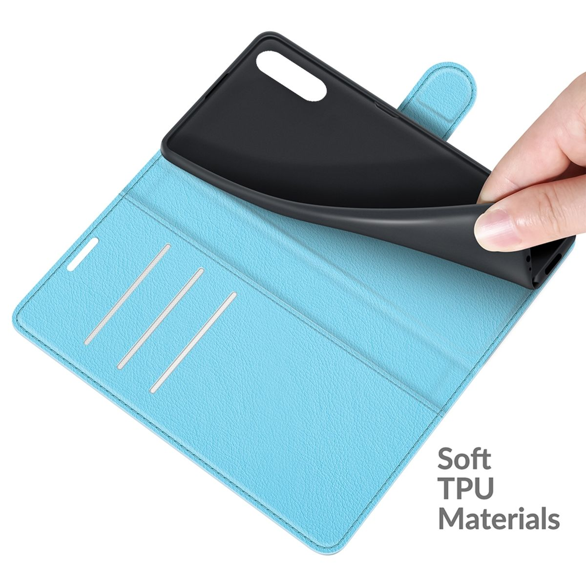 Geöffnete blaue Handyhülle mit schwarzem Telefoneinsatz. Text: Weiche TPU-Materialien.