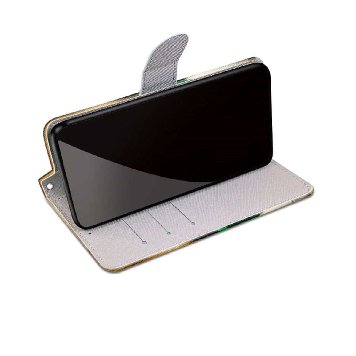 Smartphone in einer Brieftaschen-Hülle, offen auf weißer Oberfläche. Der Bildschirm des Telefons ist schwarz.
