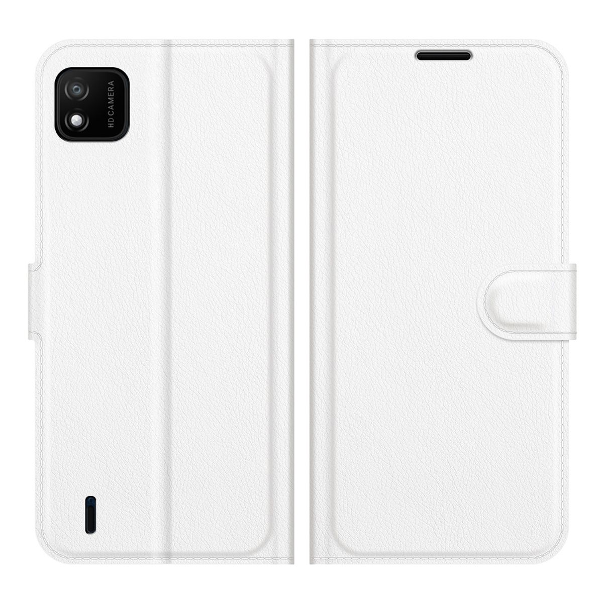 Weiße Handyhülle offen, zeigt das Innere mit einem Telefon und einem Verschluss. Es ist weiß und hat ein geschwungenes Design.