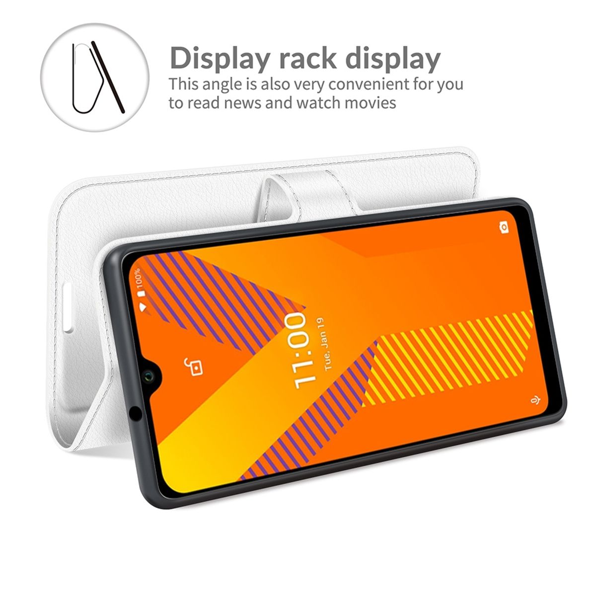 Weiße Handyhülle mit Telefon darin. Das Telefon zeigt einen orange-gelben Hintergrund.