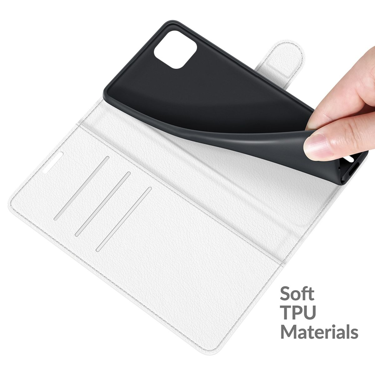 Weiße, offene Handyhülle, schwarzes Telefon innen. Hand hält Telefon. Text: Soft TPU Materialien.