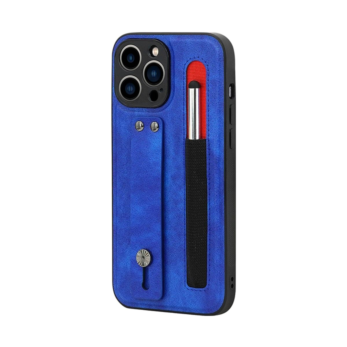 Blaue Handyhülle mit Stifthalter und Stift, drei Kameralinsen.