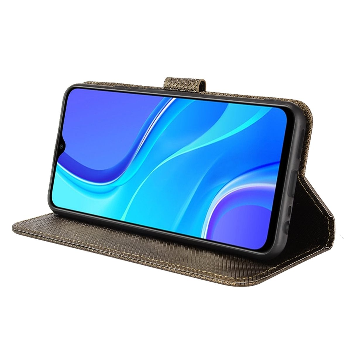 Braune Handyhülle geöffnet, Telefon innen. Das Telefon zeigt einen blauen Bildschirm.