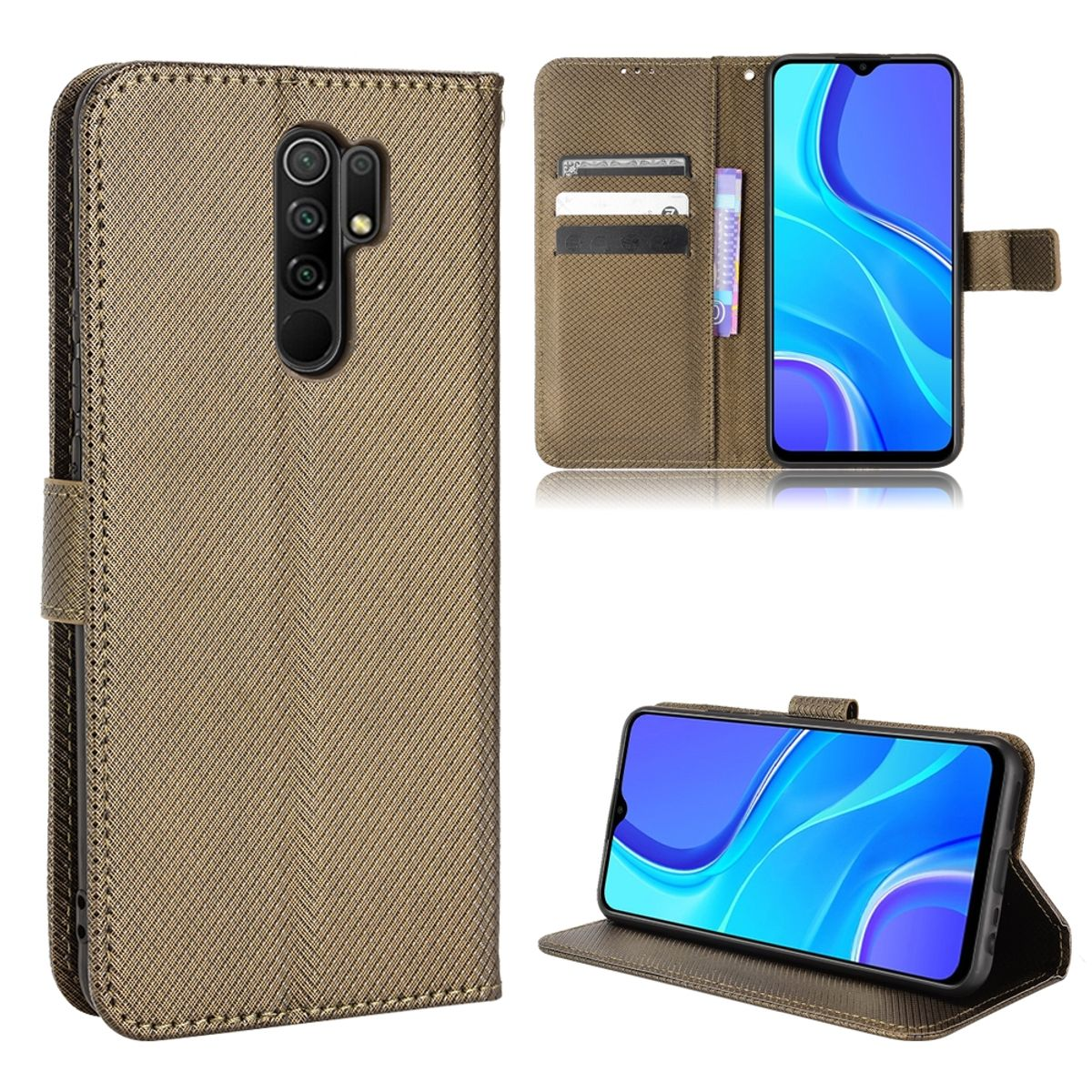 Braune Handyhülle mit Telefon darin. Die Hülle ist offen. Das Telefon befindet sich in der Mitte.