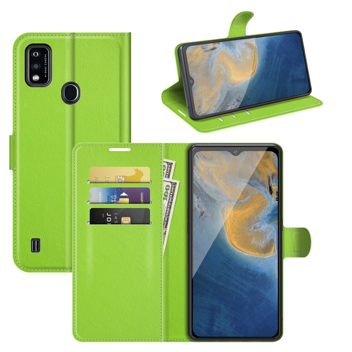 Grüne Handyhülle mit Kartenfächern und Telefon. Die Hülle ist offen.