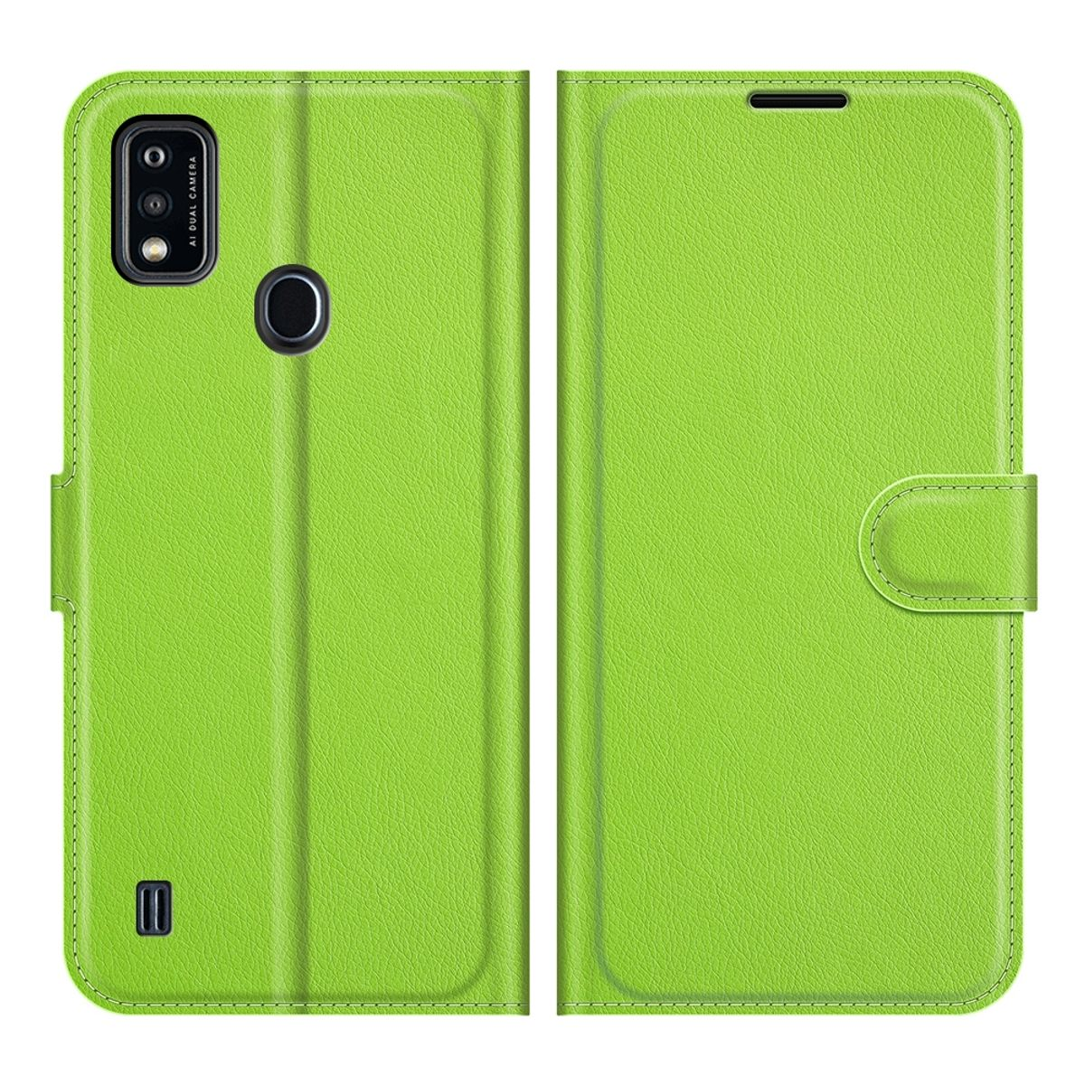 Eine grüne Handyhülle ist geöffnet und zeigt ein Telefon.
