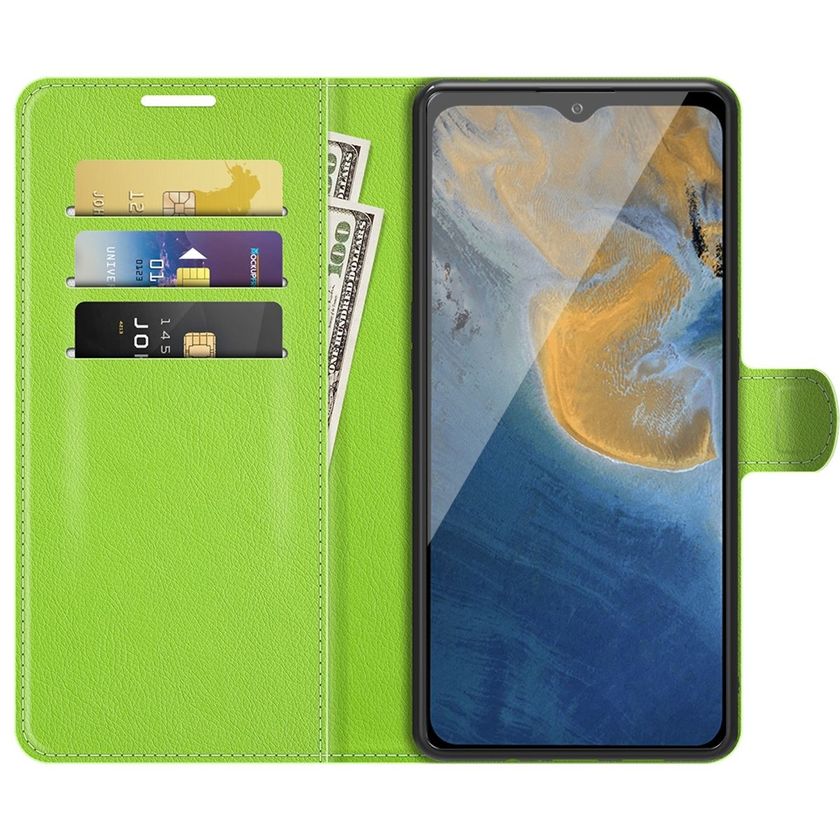 Eine grüne Handyhülle ist geöffnet, mit Karten und Bargeld darin. Ein Telefon ist rechts.