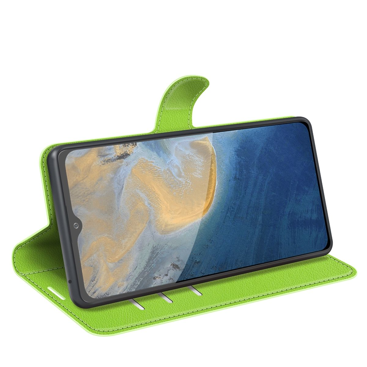 Grüne Handyhülle mit Telefon im Inneren, zeigt ein Landschaftsbild.