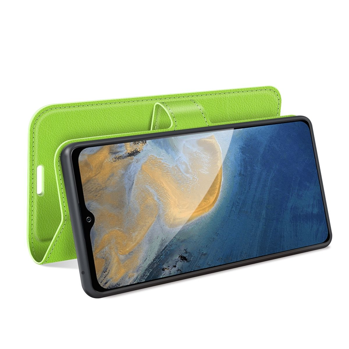 Eine grüne Handyhülle offen, mit einem Telefon darin. Das Telefon ist vor weißem Hintergrund sichtbar.